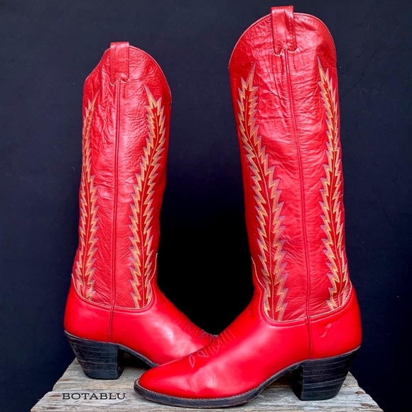 LARRY MAHAN Vintage Red Tall Knee High Cowgirl Cowboy Western Boots Size 7.5 - Picture 8 of 9